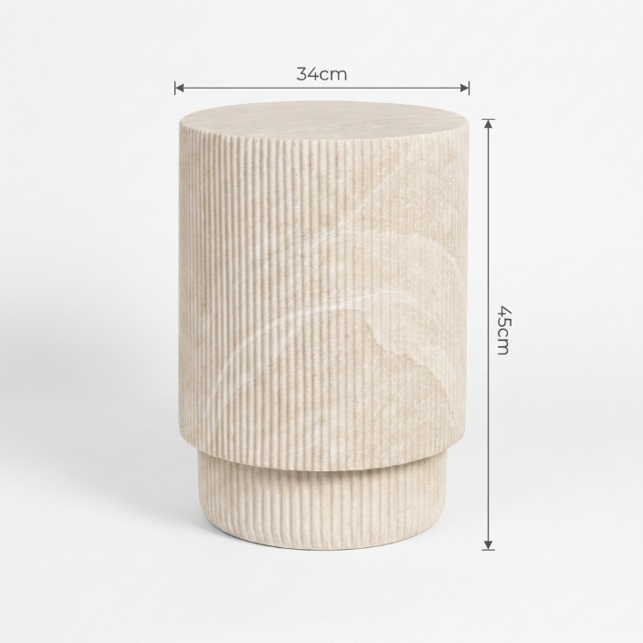Beige textured cylindrical stool with dimensions on a white background