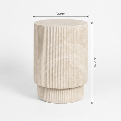 Beige textured cylindrical stool with dimensions on a white background