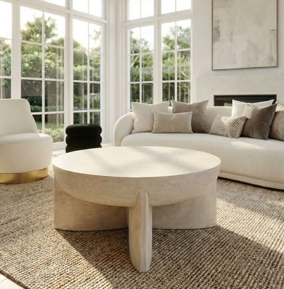 Round sculptural stone coffee table in sand finish with architectural legs