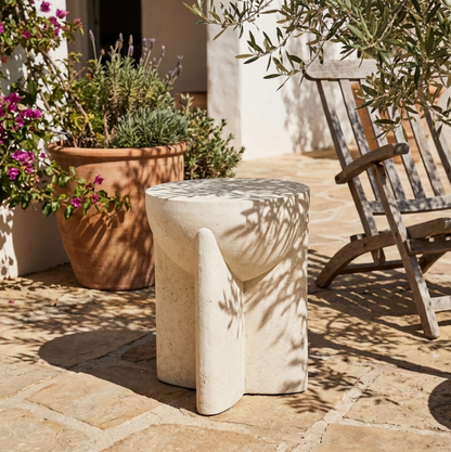 Zelda Sculptural Stone Side Table – Sand Textured Accent
