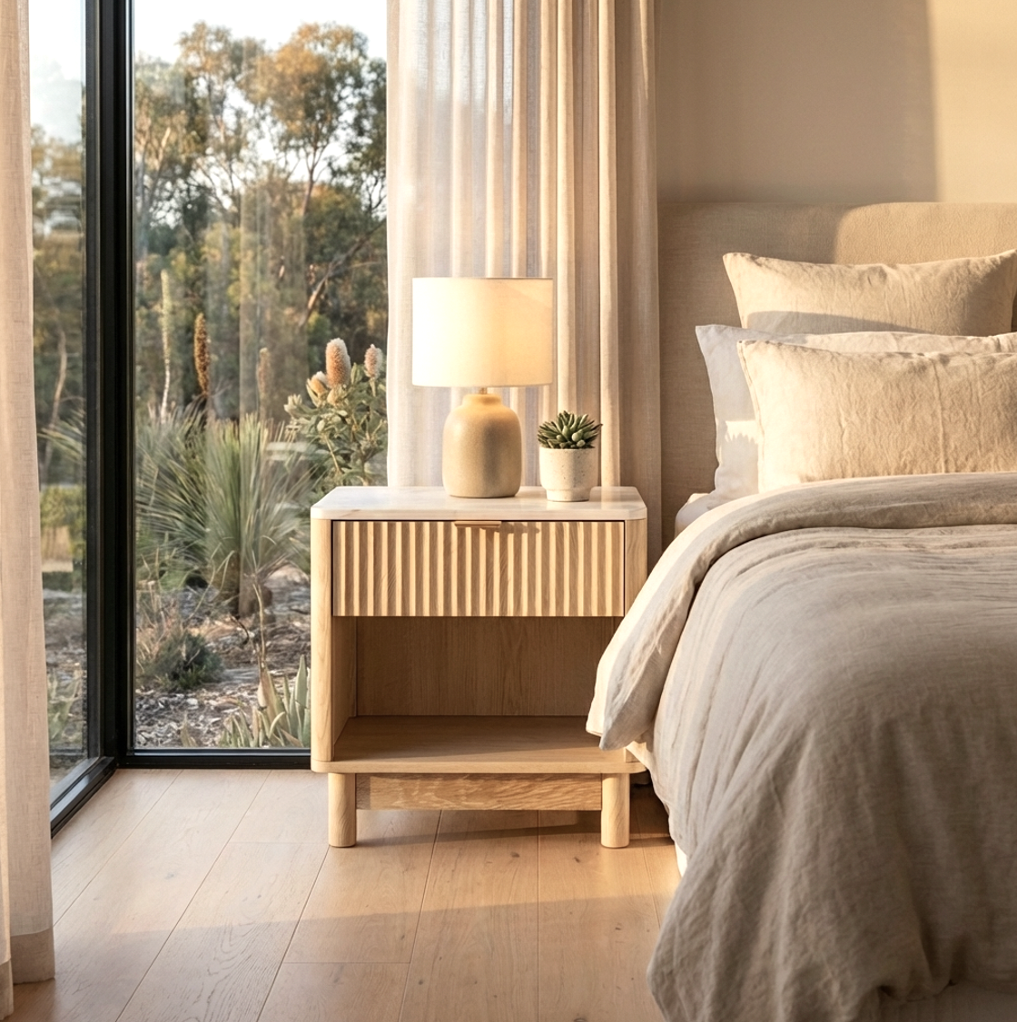 Blanc bedside table in natural pine and white with one drawer, open shelf and elevated pine legs