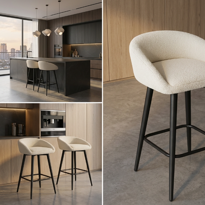 White bouclé bar stool with black metal frame – Brosa by Interior Ave