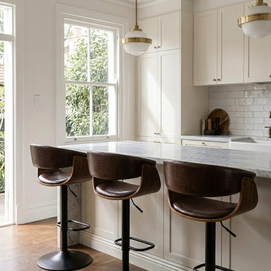 Brentwood brown leather bar stool set of two, integrated armrests and backrest with adjustable gas lift and black steel base