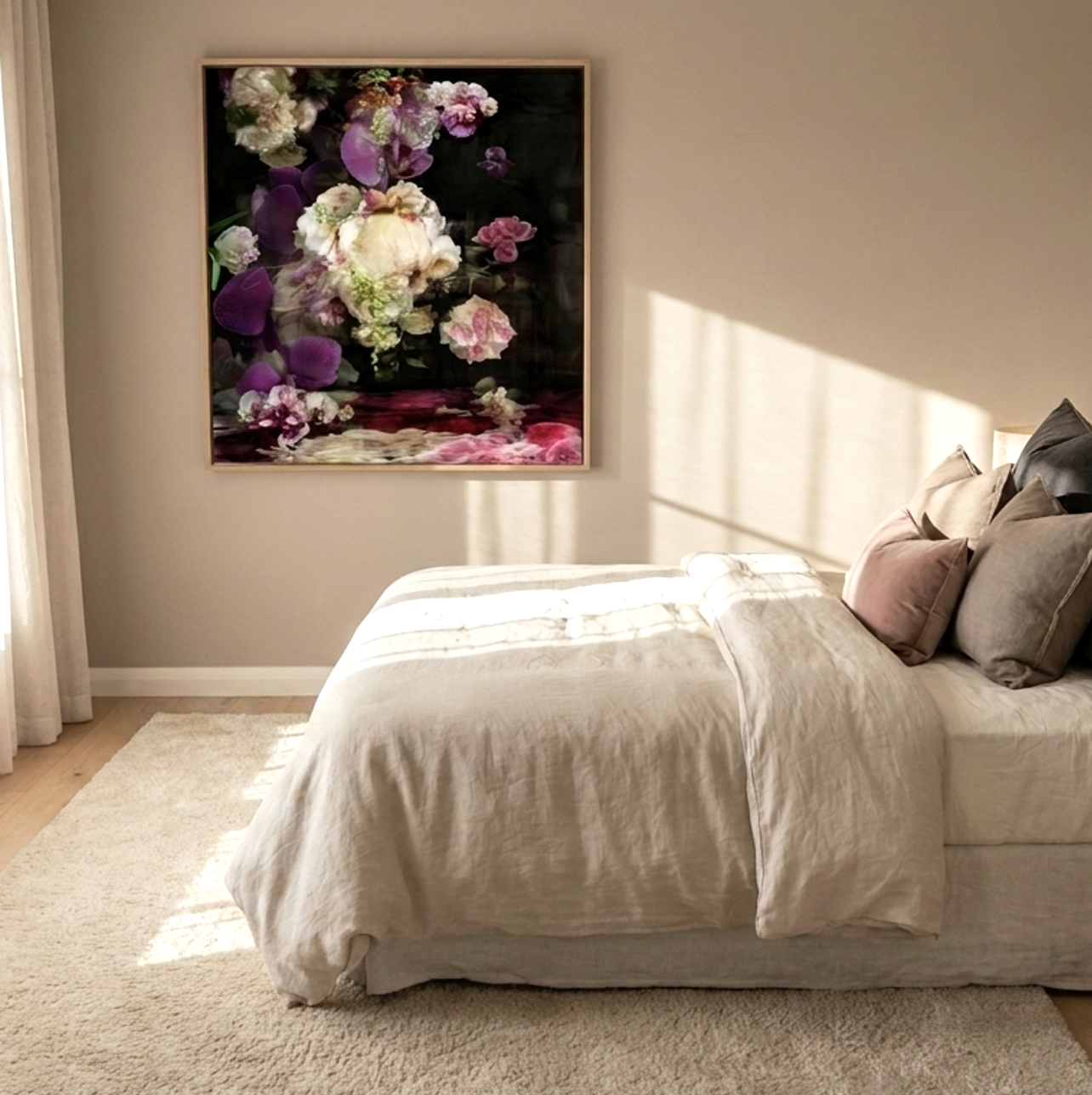 Cascade dark floral bouquet of plums, blush roses and cream peonies above a reflective surface wall art
