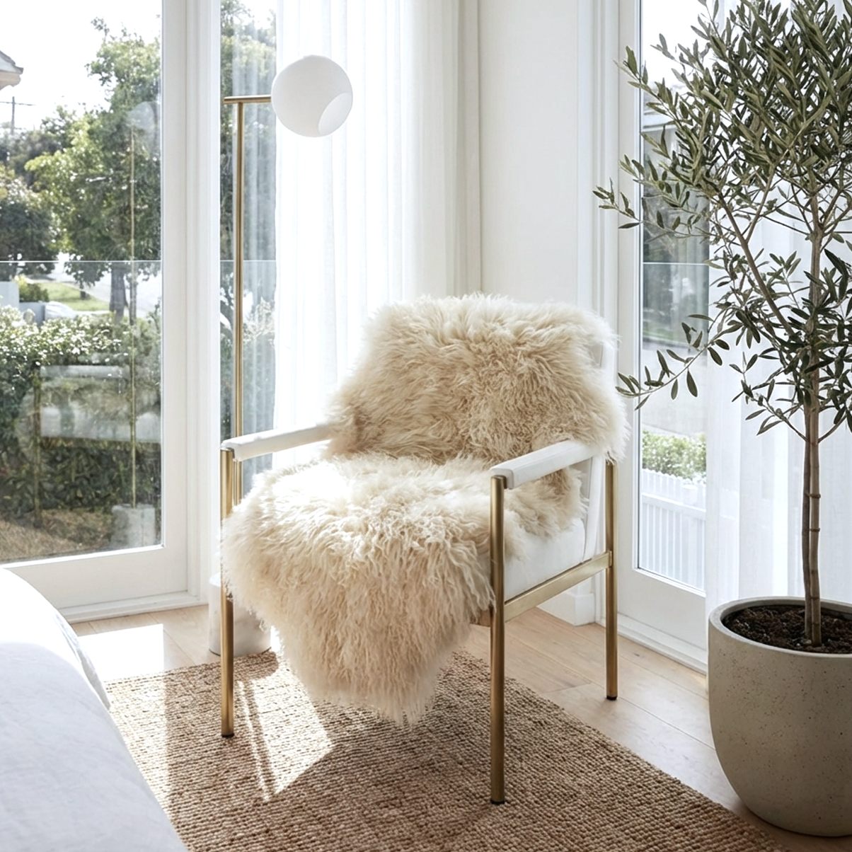 Mongolian Sheepskin Fur / Throw - Champagne 90cm