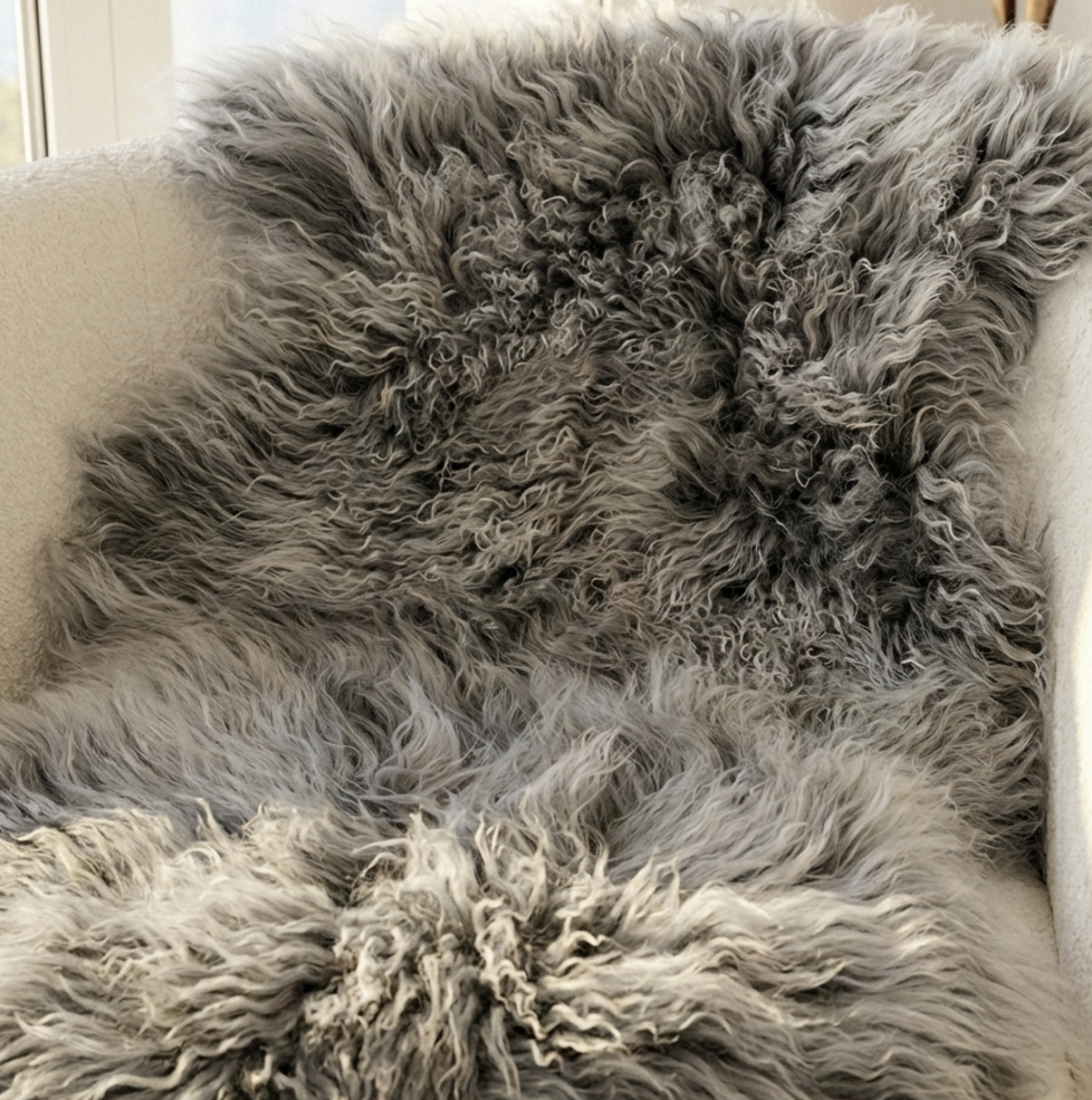 Mongolian Sheepskin Fur / Throw - Charcoal Snow 90cm
