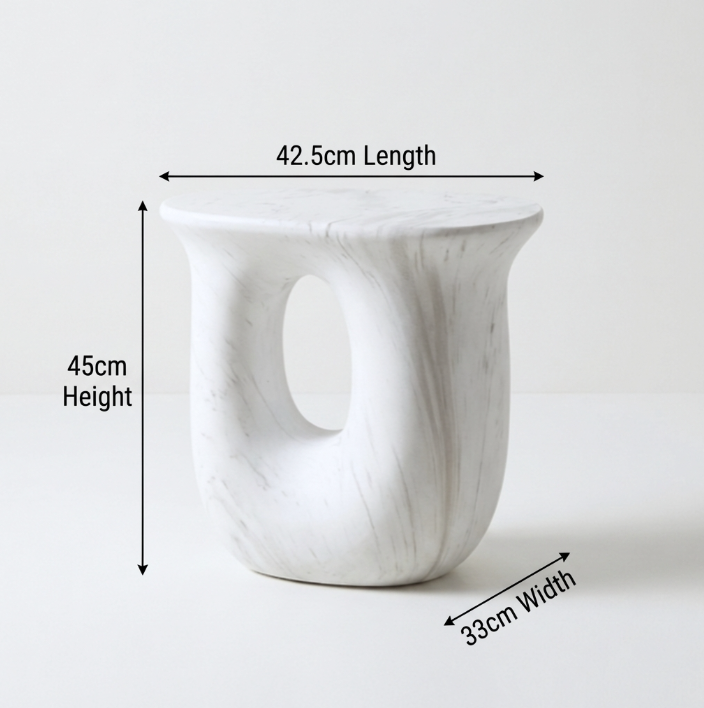 White marble side table with dimensions on a white background