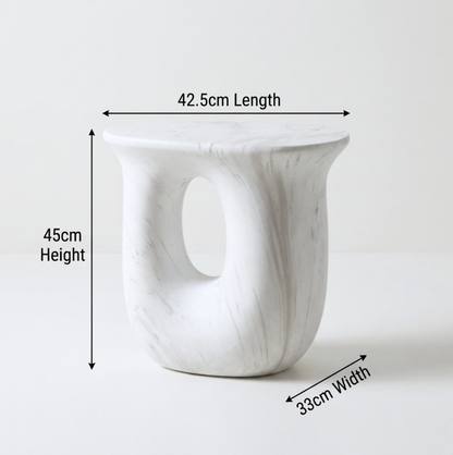 White marble side table with dimensions on a white background