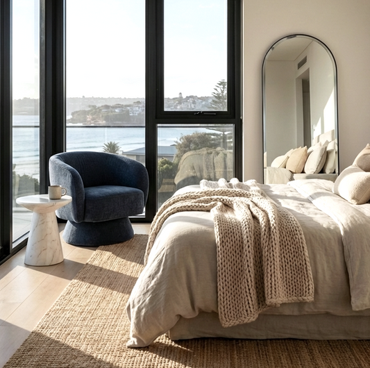 Celine Swivel Armchair – Denim Chenille Blue