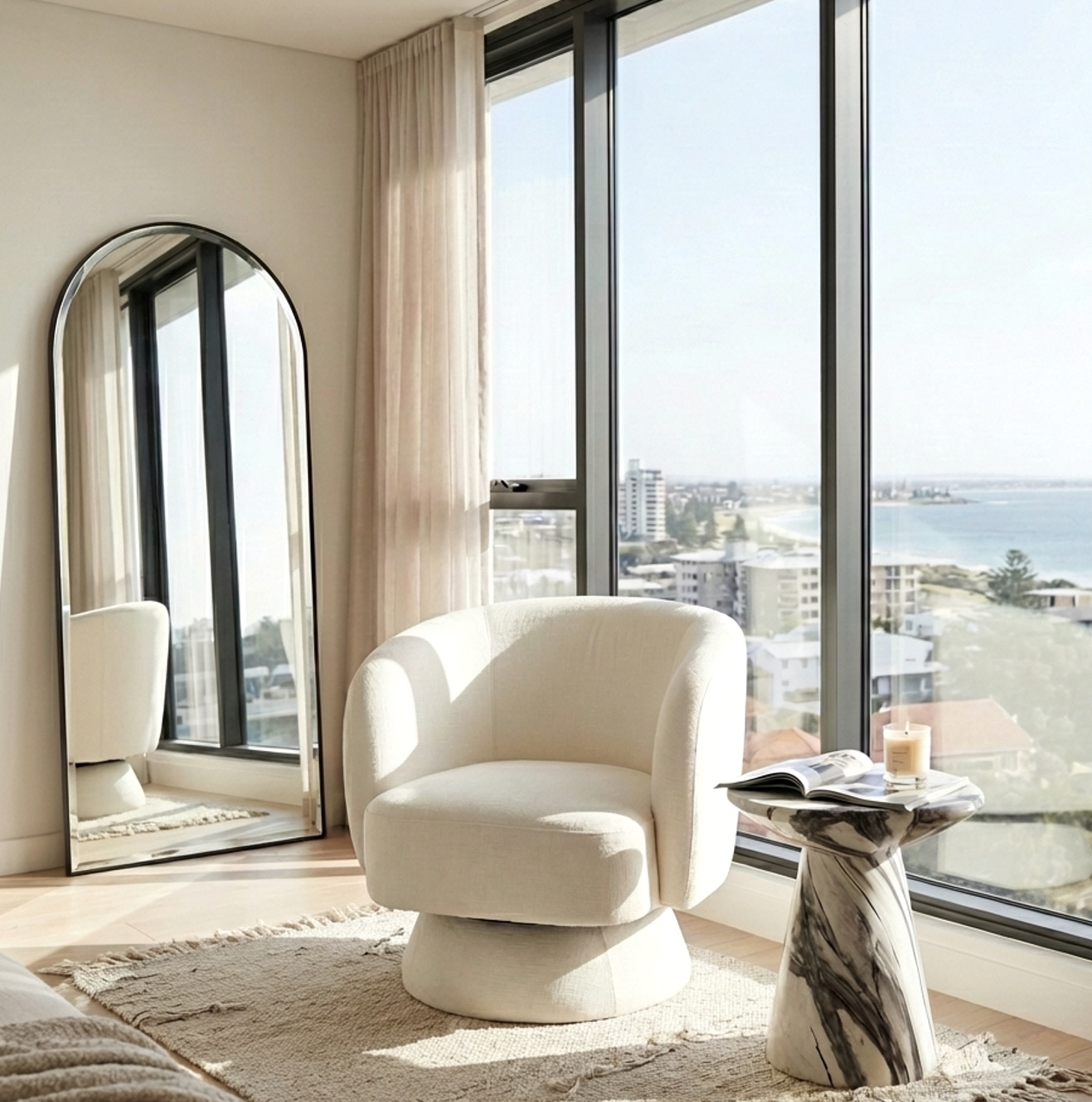 Celine Swivel Armchair – Chenille Pearl with Sculptural Base