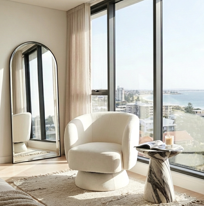 Celine Swivel Armchair – Chenille Pearl with Sculptural Base