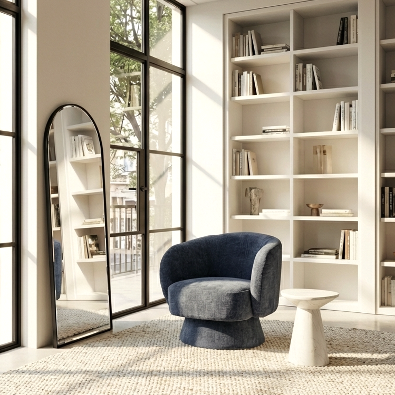 Celine Swivel Armchair – Denim Chenille Blue