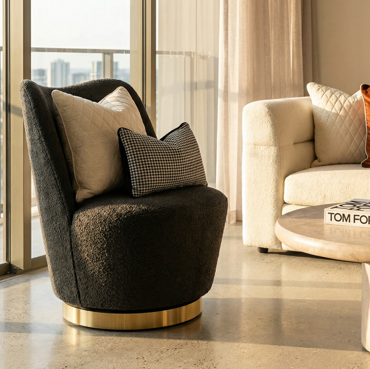 Chateau Swivel Accent Chair - Charcoal Boucle