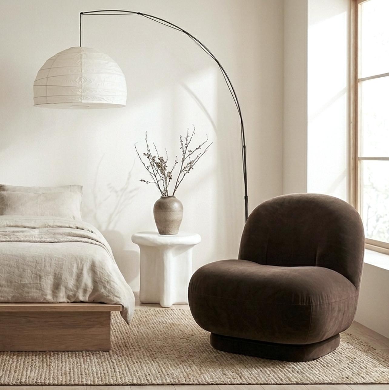 Cloud swivel occasional chair in deep espresso upholstery with soft rounded form