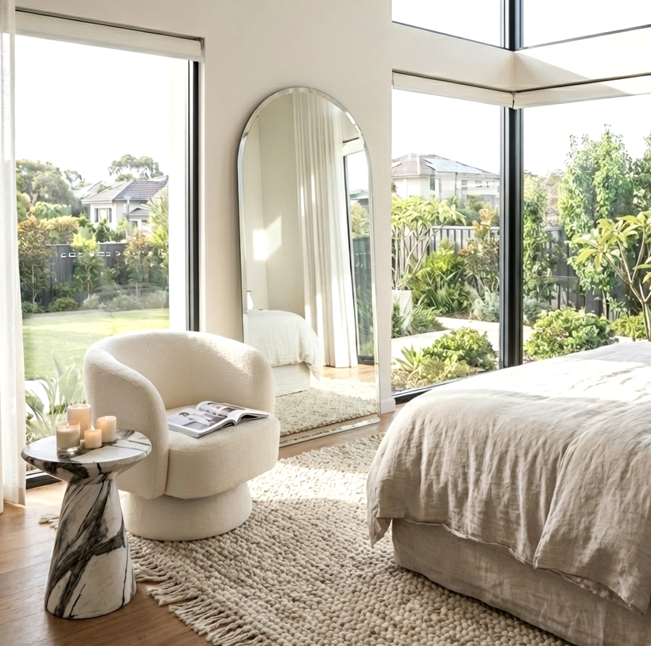 Celine Swivel Armchair – Chenille Pearl with Sculptural Base