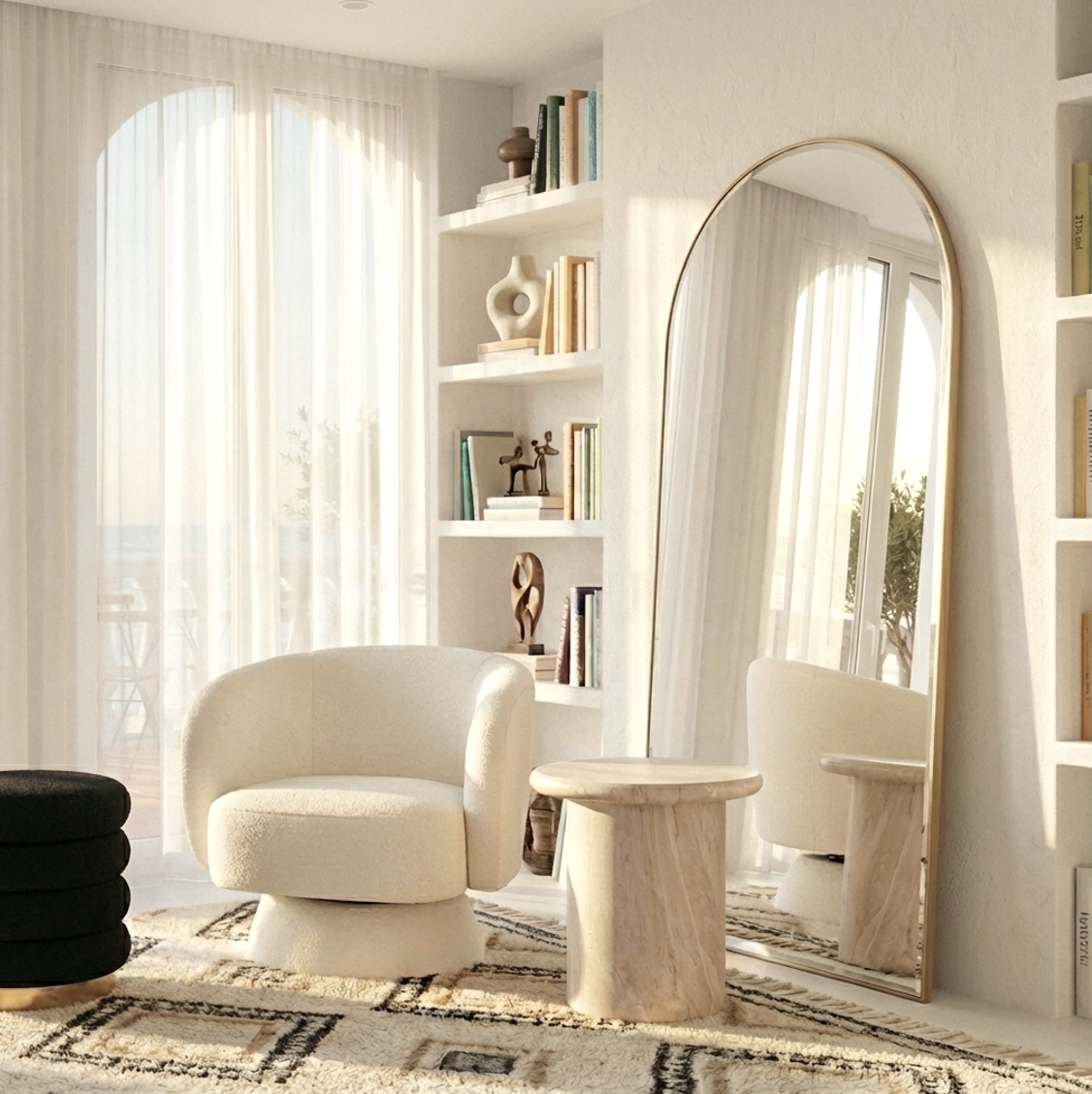 Celine Swivel Armchair – Chenille Pearl with Sculptural Base