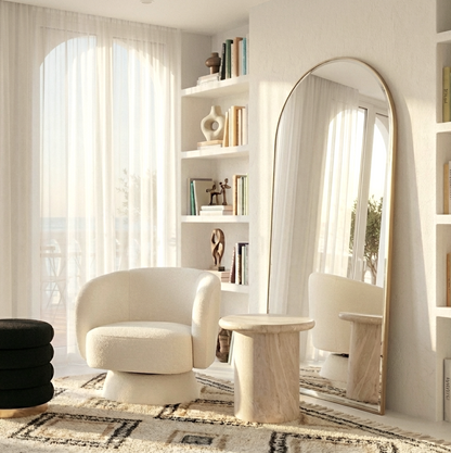 Celine Swivel Armchair – Chenille Pearl with Sculptural Base