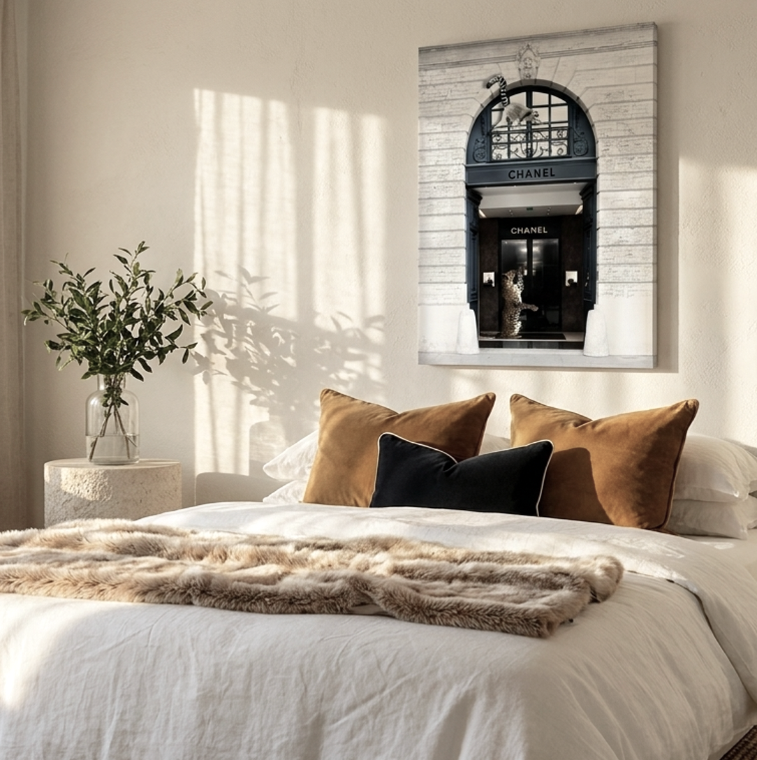 Fashionably Late chic boutique entrance with a leopard slipping inside wall art