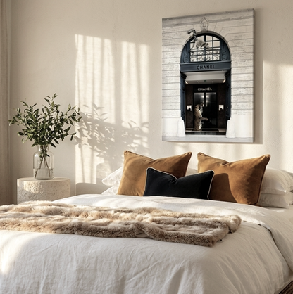 Fashionably Late chic boutique entrance with a leopard slipping inside wall art