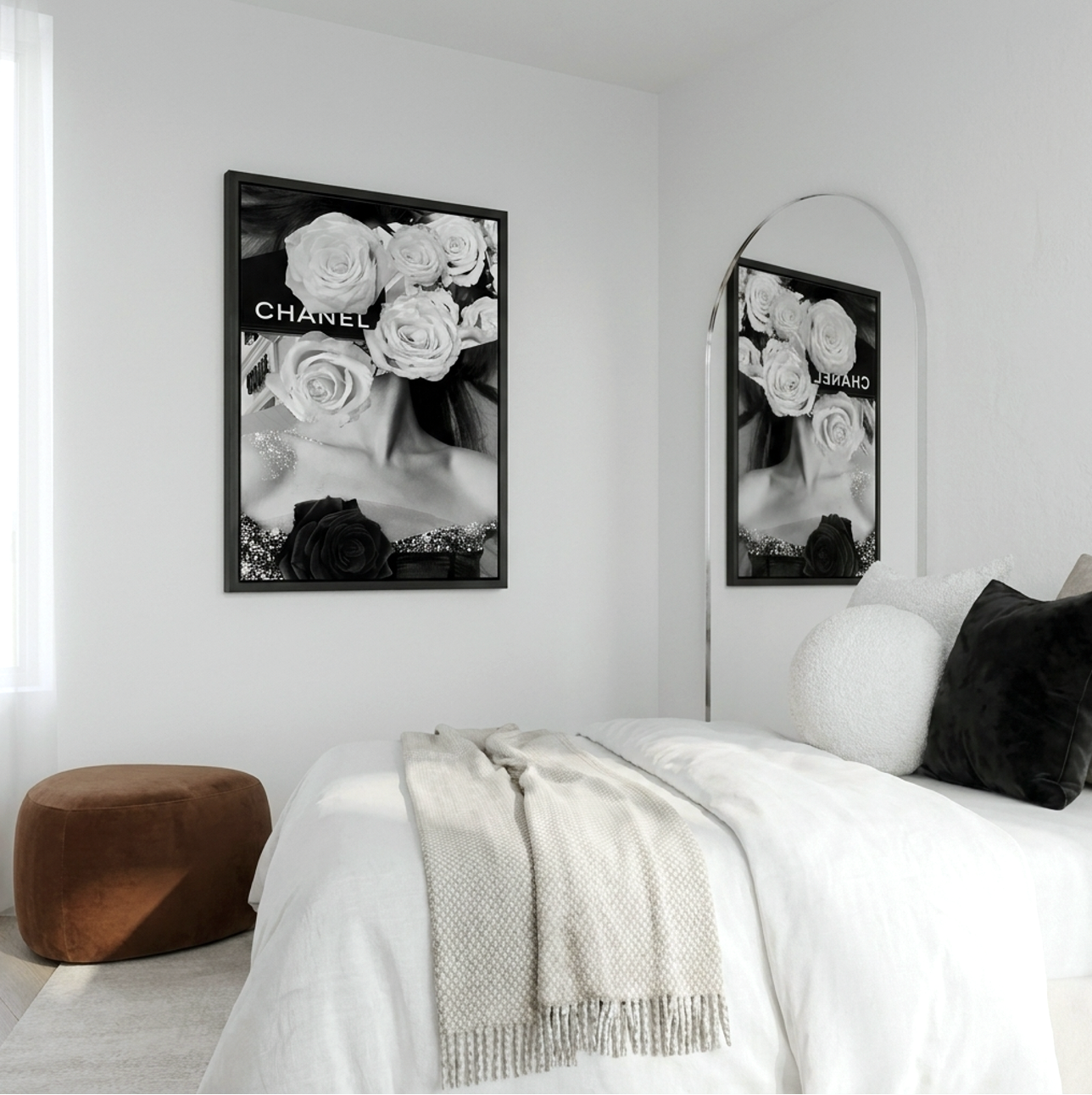 Glitteratzi white roses over a sequinned figure black and white glamour wall art