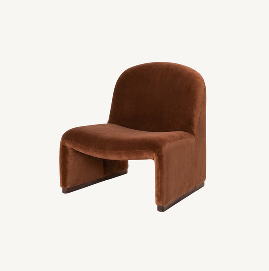 Haven curved armchair in chestnut fabric, wide wraparound silhouette with deep seat and natural timber legs