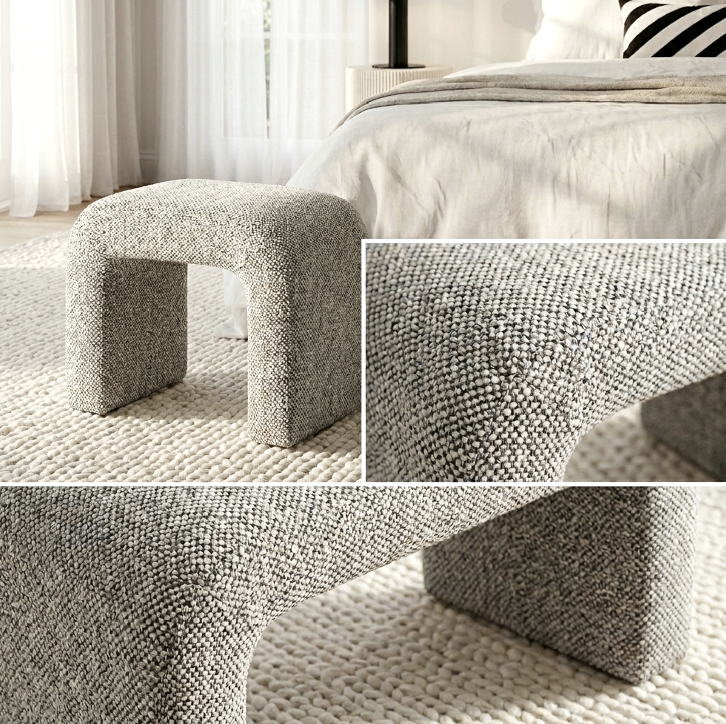 Interior Ave Textured gray stool on a carpeted floor with a bed and curtains in the background