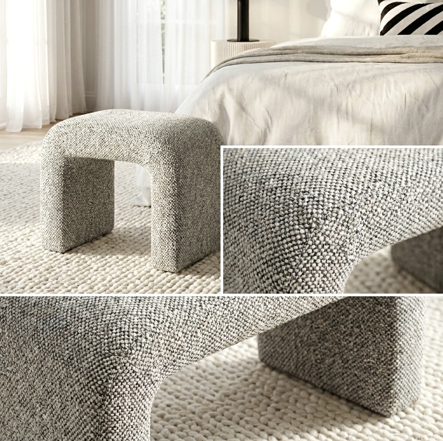 Interior Ave Textured gray stool on a carpeted floor with a bed and curtains in the background