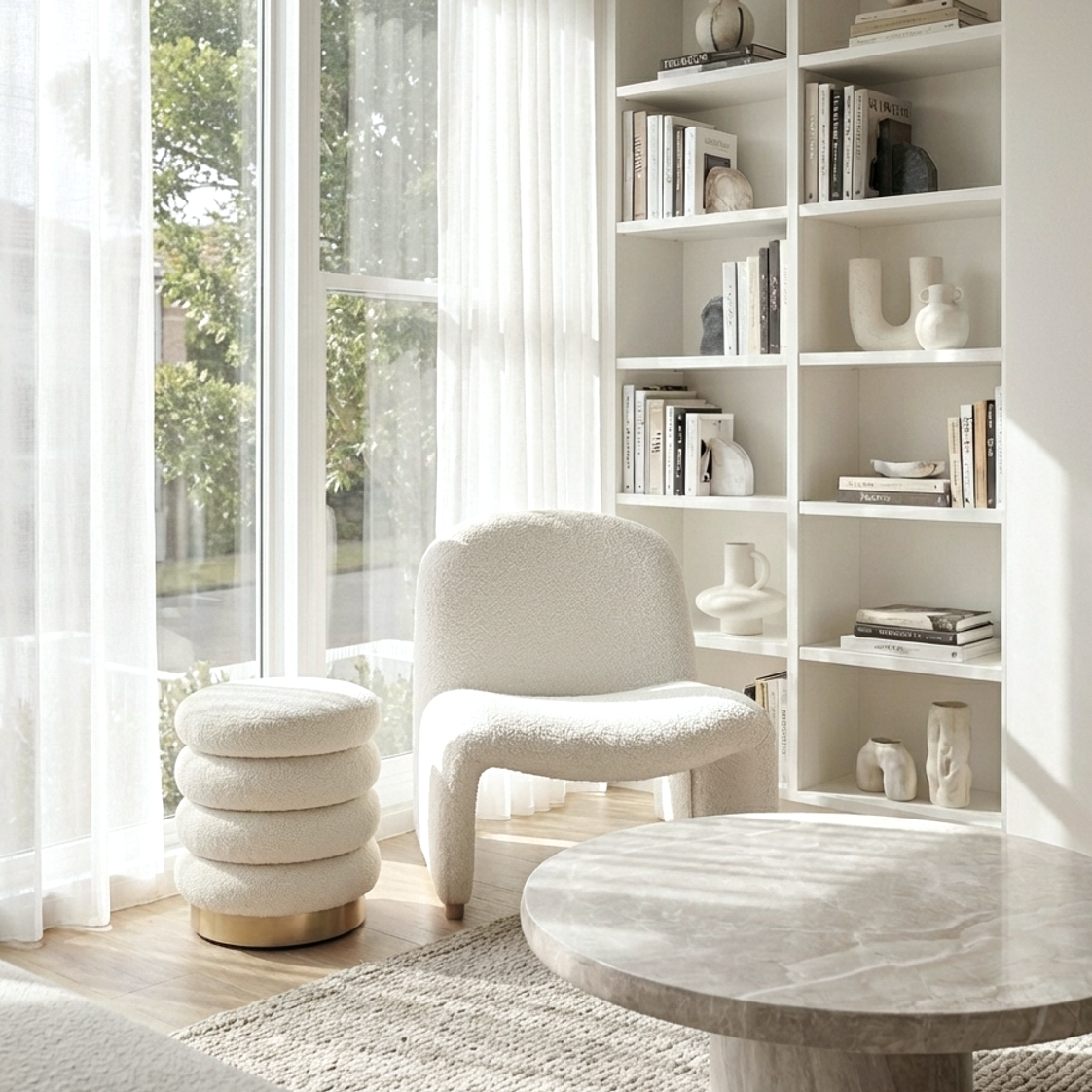 Haven Curved Boucle Armchair – Sculptural White Accent Chair with Soft Rounded Form