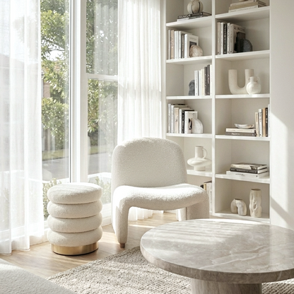 Haven Curved Boucle Armchair – Sculptural White Accent Chair with Soft Rounded Form