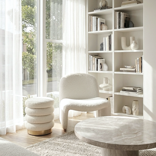 Haven Curved Boucle Armchair – Sculptural White Accent Chair with Soft Rounded Form