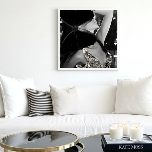 Reflection silver-sequinned figure in soft monochrome glamour fashion wall art