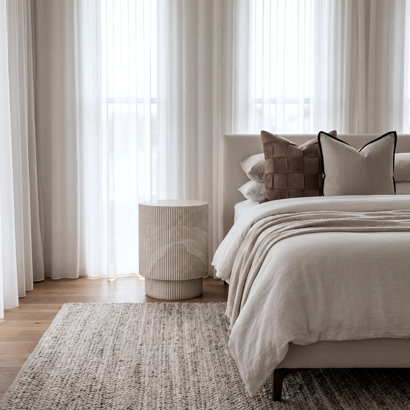 Neatly made bed with decorative pillows in a bedroom setting.