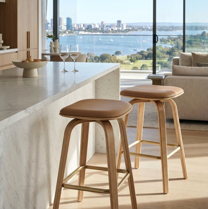 Remi Swivel Backless Tan & Oak Bar Stool - Set of Two