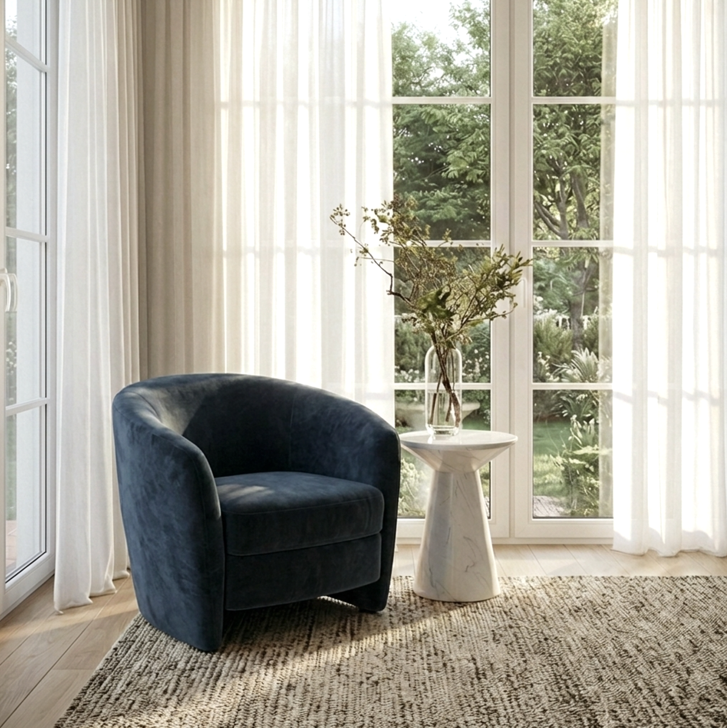 Interior Ave Blue armchair in a room with large windows and a white side table.
