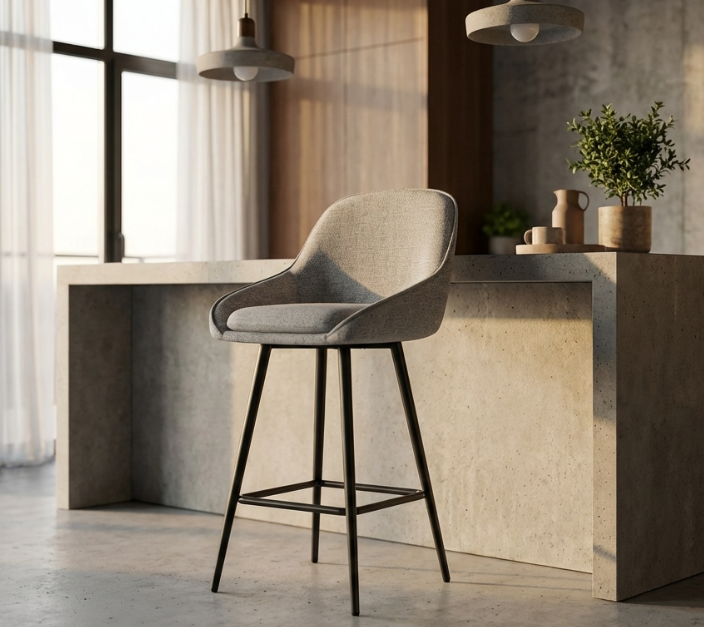 Metro Grey bar stool with curved backrest and black metal legs – Metro by Interior Ave