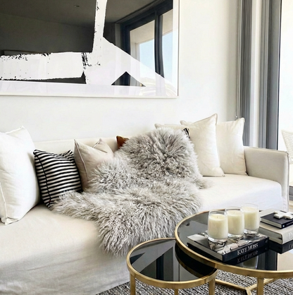 Mongolian Sheepskin Fur / Throw - Grey Snow 90cm