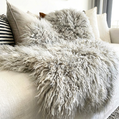Mongolian Sheepskin Fur / Throw - Grey Snow 90cm