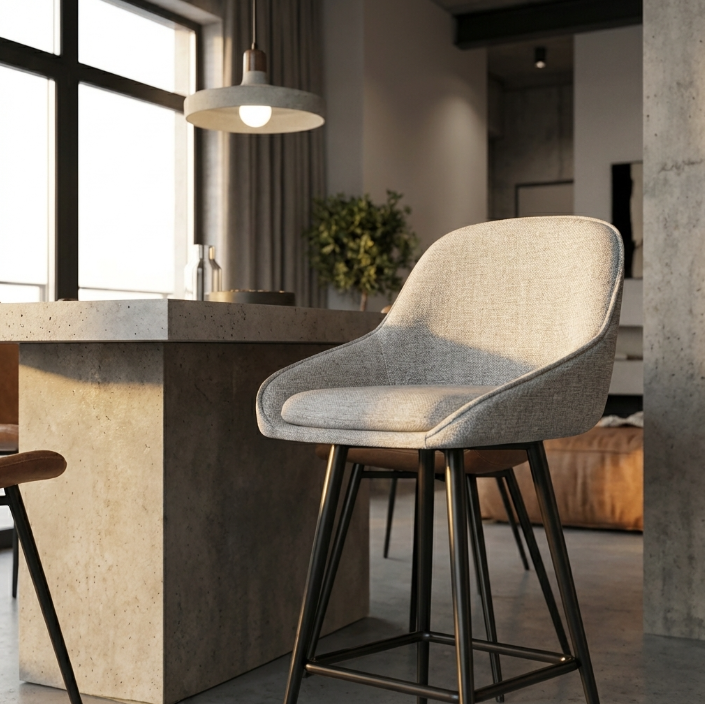 Metro Grey bar stool with curved backrest and black metal legs – Metro by Interior Ave