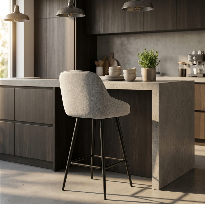 Metro Grey bar stool with curved backrest and black metal legs – Metro by Interior Ave