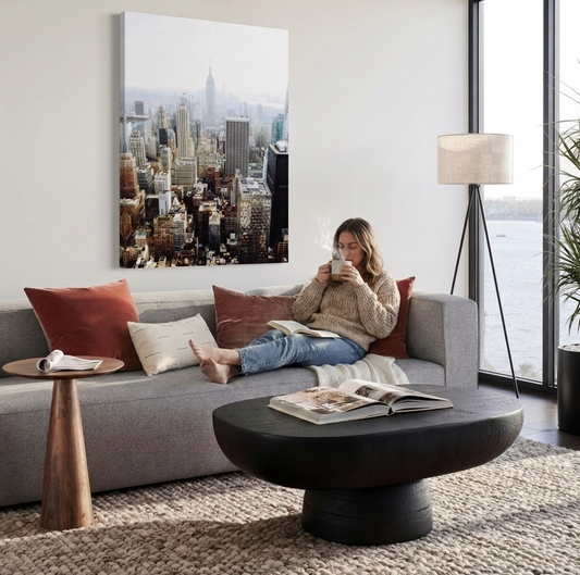Manhattan Haze wall art — aerial view of the New York skyline with Empire State Building rising above the city in soft architectural haze