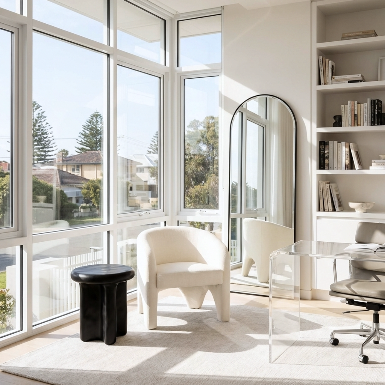 Nova Sculptural Accent Chair – White Chenille Armchair with Curved Modern Form