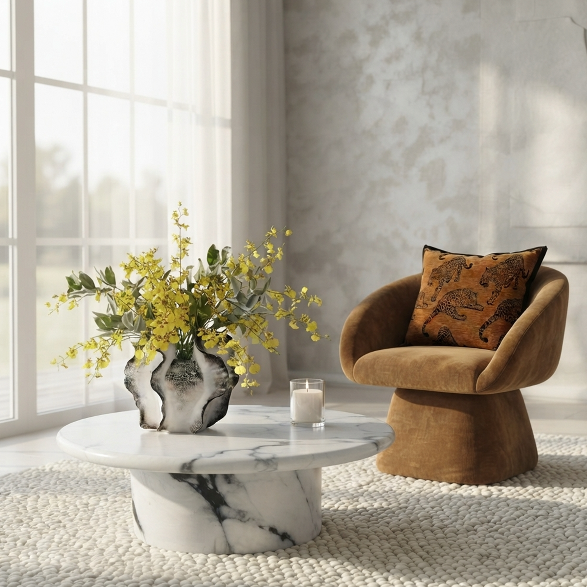 Nobu panda marble coffee table styled with an accent chair, flowers and ceramic vases in a neutral interior