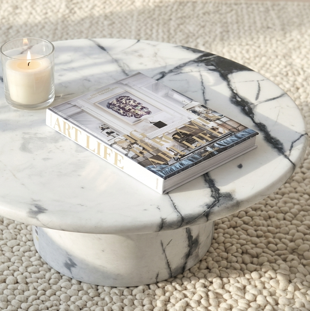 Nobu Round Sculptural Stone Coffee Table - Panda Marble Finish