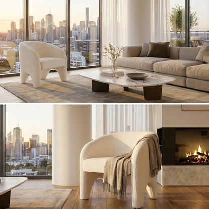 Nova Sculptural Accent Chair – White Chenille Armchair with Curved Modern Form