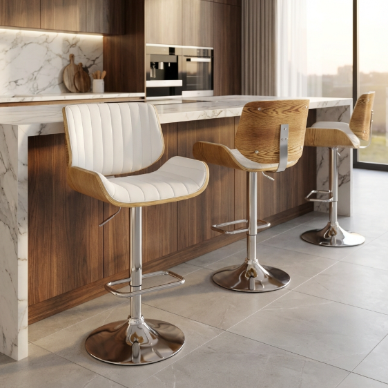 Walnut woodgrain adjustable bar stool with white PU leather seat | Modern Bar Stool by Interior Ave