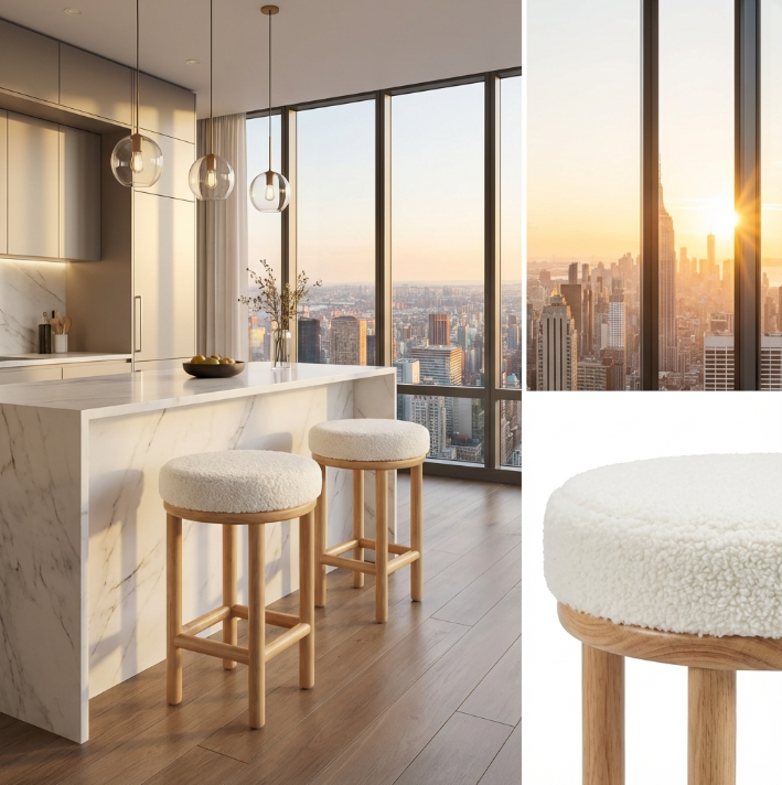 Oxford Wood Oak Bar Stool - Sheepskin | Designer Bar Stool by Interior Ave