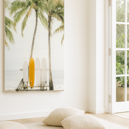Palm Surf wall art available as canvas print or floating framed artwork