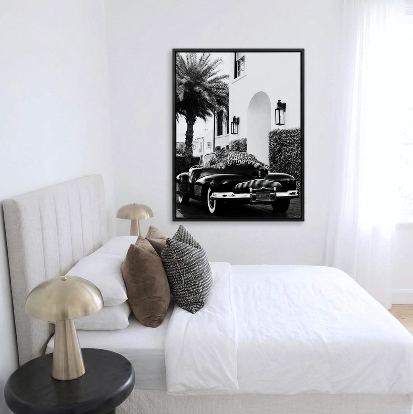 Palatial Classic vintage cars and leopard black and white wall art pair