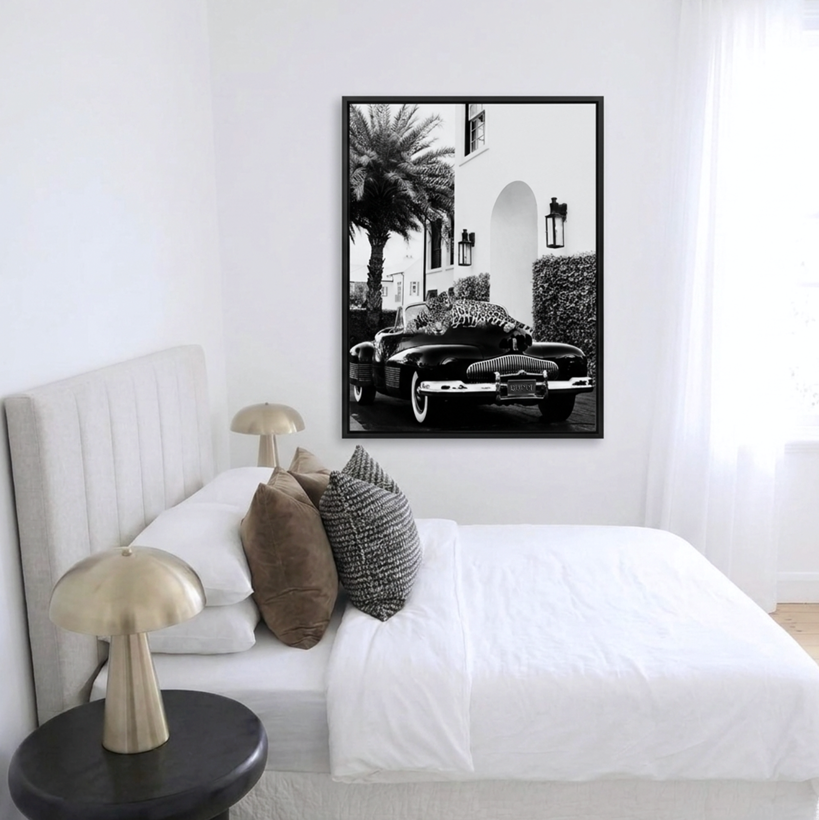 Palatial Classic vintage cars and leopard black and white wall art pair