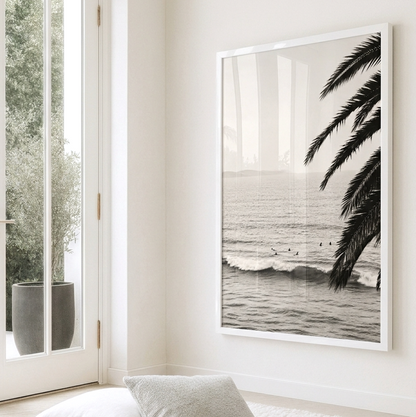 Pacific Drift black and white palm and ocean surf coastal wall art framed